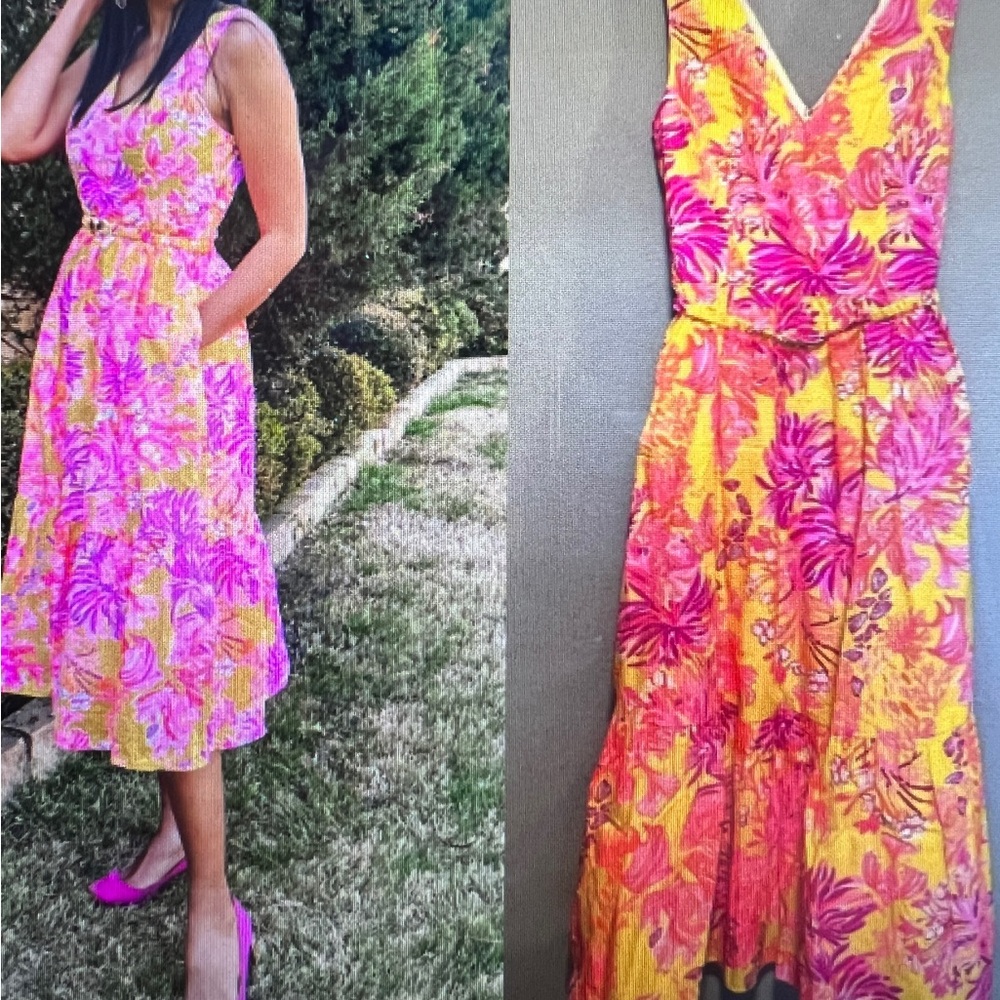 Lilly Pulitzer Bri V Neck Cotton  Floral Midi Sundress Belted Size 6 NWT